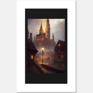 Medieval Fantasy Village at night Posters and Art